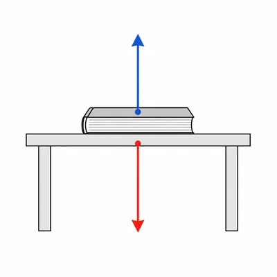 A book resting on a table with equal upward and downward force arrows.