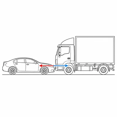 A car and a larger truck collide with equal and opposite force arrows at the contact point.
