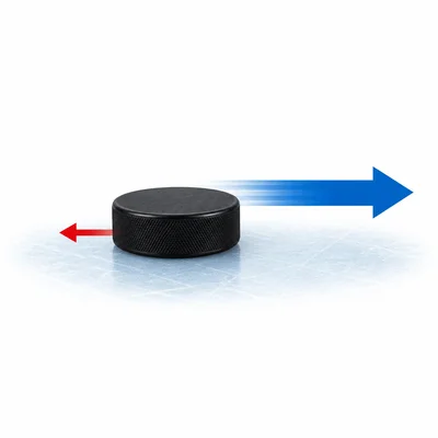 A hockey puck sliding on ice with a large motion arrow and a small opposing friction arrow.