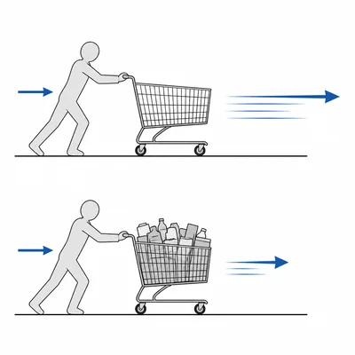 An empty shopping cart and a full shopping cart pushed with equal force, with the empty cart showing greater acceleration.