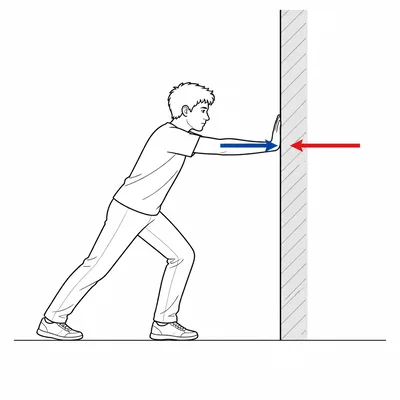 A student pushing on a wall with equal and opposite force arrows between the student and wall.