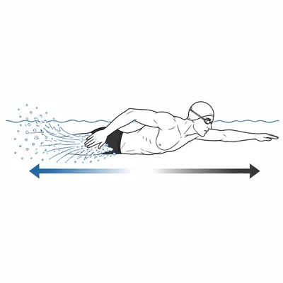 A swimmer pushes water backward while an opposite arrow shows the swimmer moving forward.