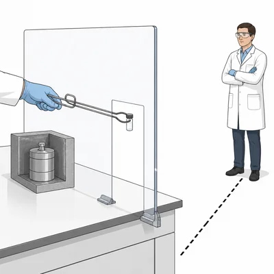 A lab worker uses shielding, distance, and tongs to reduce radiation exposure.