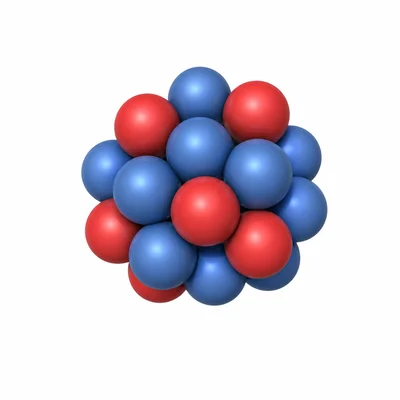 A carbon-14 nucleus shown as a cluster of protons and neutrons.