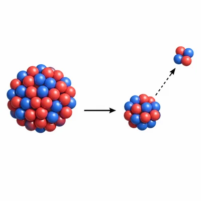 Alpha decay shown as a nucleus emitting a small cluster of two protons and two neutrons.