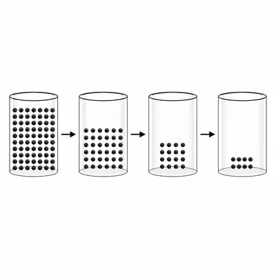 A radioactive sample shown decreasing by half over three half-life steps.