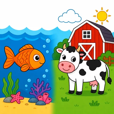 A fish in the ocean and a cow on a farm.