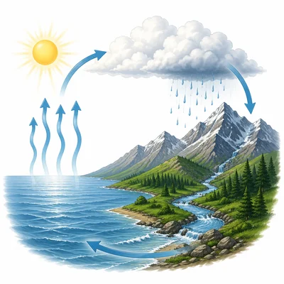 Diagram of the water cycle with evaporation, clouds, rain, runoff, and collection.