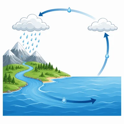 A water drop reaches the ocean and can follow different water cycle paths.