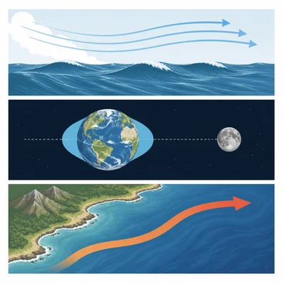 Visual comparison of wind waves, Moon-driven tides, and ocean currents.