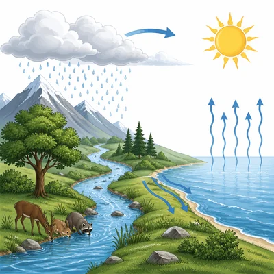 Water cycle provides rain and water for plants, animals, and ecosystems.