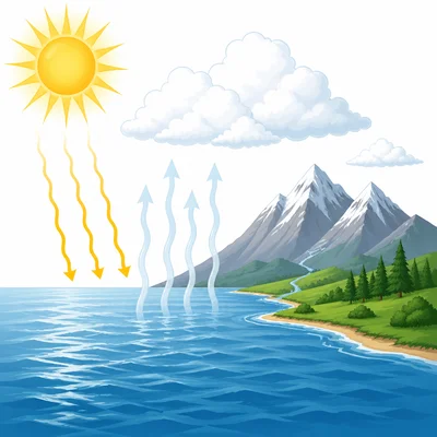 The Sun heats water, causing vapor to rise and form clouds.