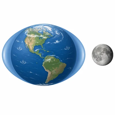 Moon creates tidal bulges on Earth while wind only makes small surface waves.