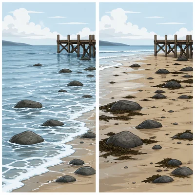 Side-by-side beach scenes showing higher and lower ocean water levels.