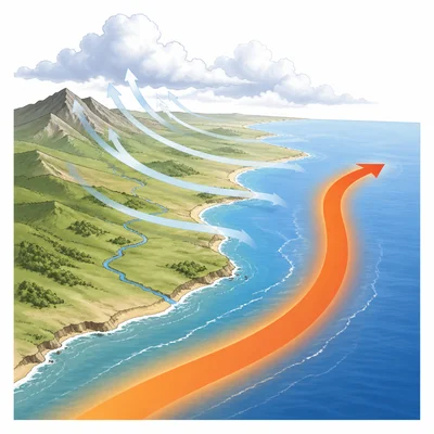 A warm ocean current flows along a coastline and affects nearby air.
