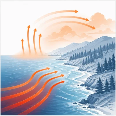 Warm ocean current moves toward a cool coast and warms the nearby air.