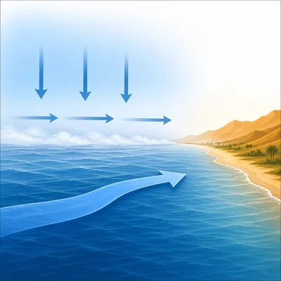 Cold ocean current cools the air above it and creates low fog.