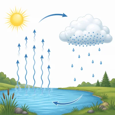 Water vapor rises from a pond and condenses into cloud droplets.