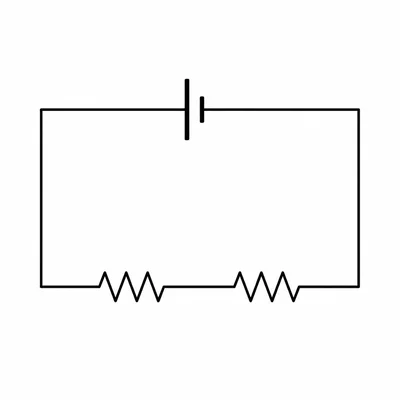 A closed circuit with a battery and two resistors connected in series.