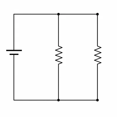 A circuit with a battery and two resistors connected in parallel branches.