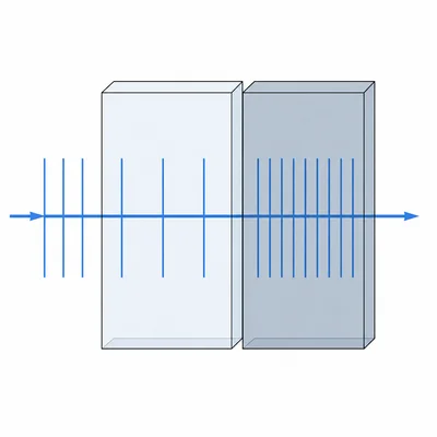 Light waves are shown with closer spacing in a higher-index material, indicating slower speed.