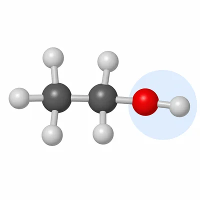 Ball-and-stick model of ethanol with the hydroxyl group highlighted.