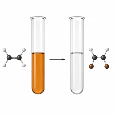 Bromine water test diagram showing orange-brown liquid becoming colorless when an unsaturated compound reacts.