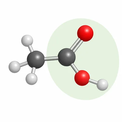 Ball-and-stick model of ethanoic acid with the carboxyl group highlighted.