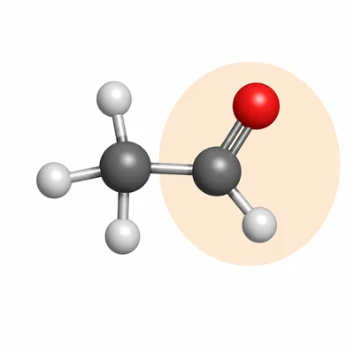 Ball-and-stick model of ethanal with the aldehyde group highlighted.