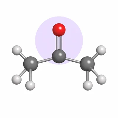Ball-and-stick model of propanone with the ketone carbonyl group highlighted.
