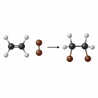 Reaction diagram showing bromine adding across an alkene double bond to form a single-bonded product.
