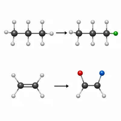 Two reaction sequences showing substitution as replacement and addition as atoms joining across a double bond.
