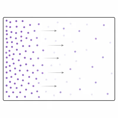 Particles spreading from an area of high concentration to low concentration.