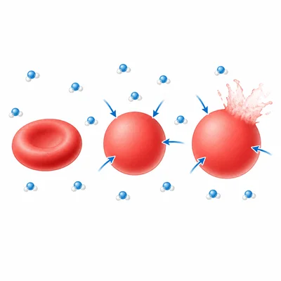 Red blood cells taking in water, swelling, and possibly bursting in a hypotonic solution.