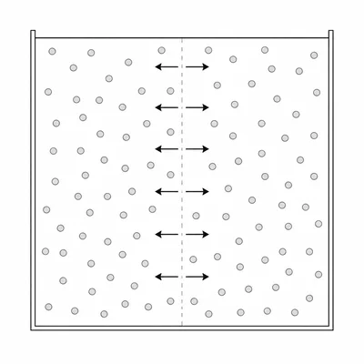 Evenly distributed particles still moving in opposite directions at equilibrium.