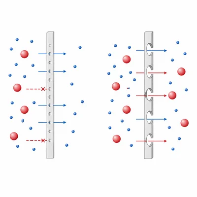 Comparison of a selectively permeable membrane and a fully permeable membrane.