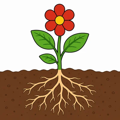 A plant with roots growing under the soil
