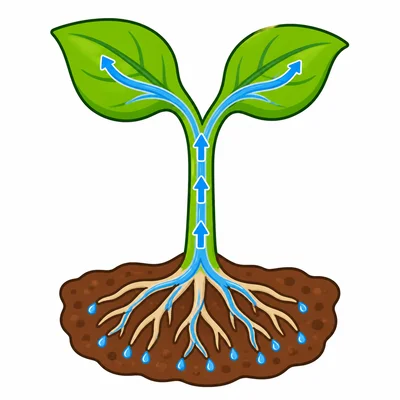 Water moving up a plant stem from roots to leaves