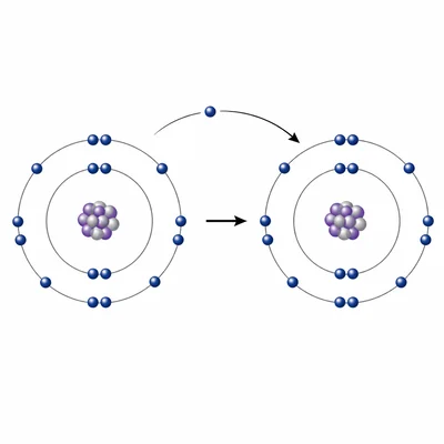 Halogen atom gaining one electron to complete its outer shell.