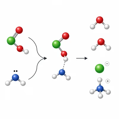 An acid and base mixing to form water molecules and salt ions.