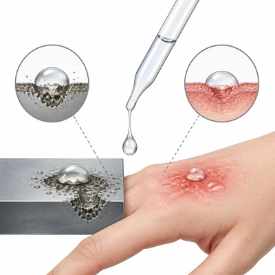 A strong acid droplet causing corrosion and skin irritation.