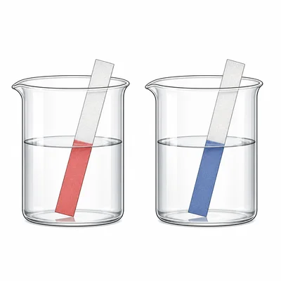 Litmus paper turning red in one beaker and blue in another.