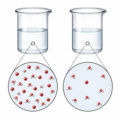 Two acidic solutions with a tenfold difference in hydrogen ion particles.