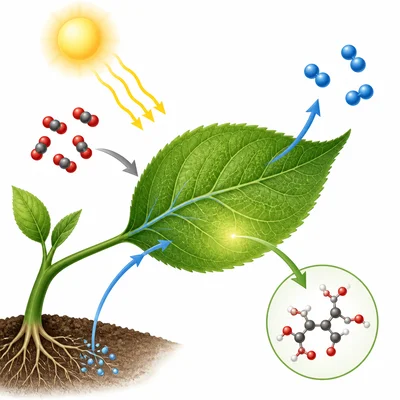A leaf uses sunlight, water, and carbon dioxide to make sugar and release oxygen.