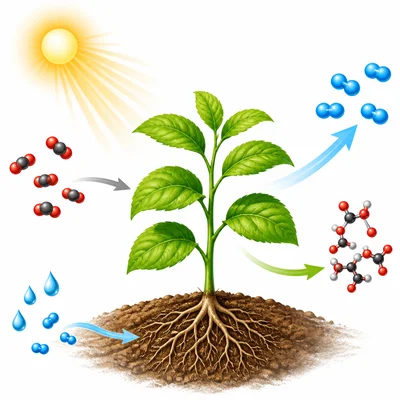 A sunlit plant with water and carbon dioxide produces oxygen and sugar.