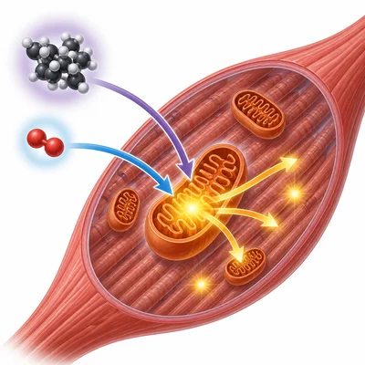 A muscle cell uses glucose and oxygen in mitochondria to release energy.
