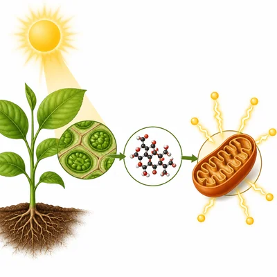Sunlight energy is stored in sugar, then released by a mitochondrion.