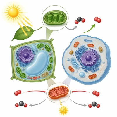Plant cells photosynthesize and both plant and animal cells carry out respiration.
