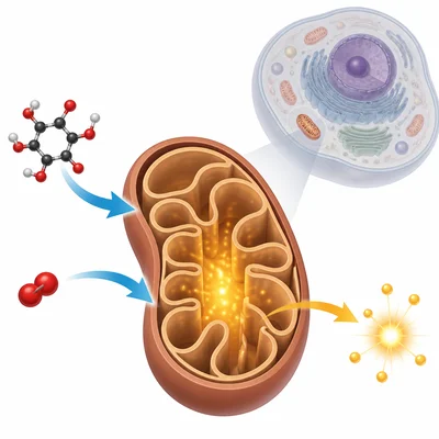 A mitochondrion in a cell uses glucose and oxygen to release energy.