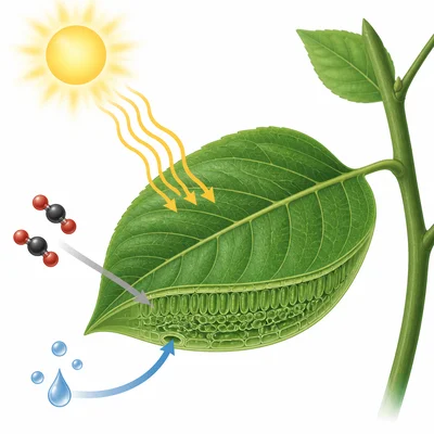 Sunlight, water, and carbon dioxide enter a leaf for photosynthesis.